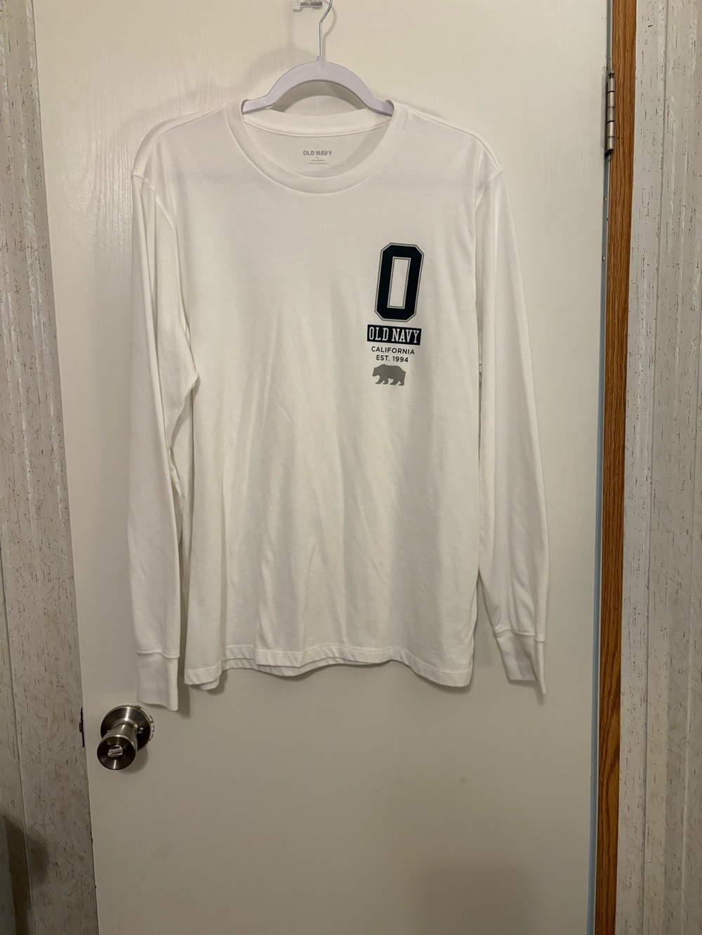 Old Navy White Long-Sleeve Tee with Navy Chest Graphic